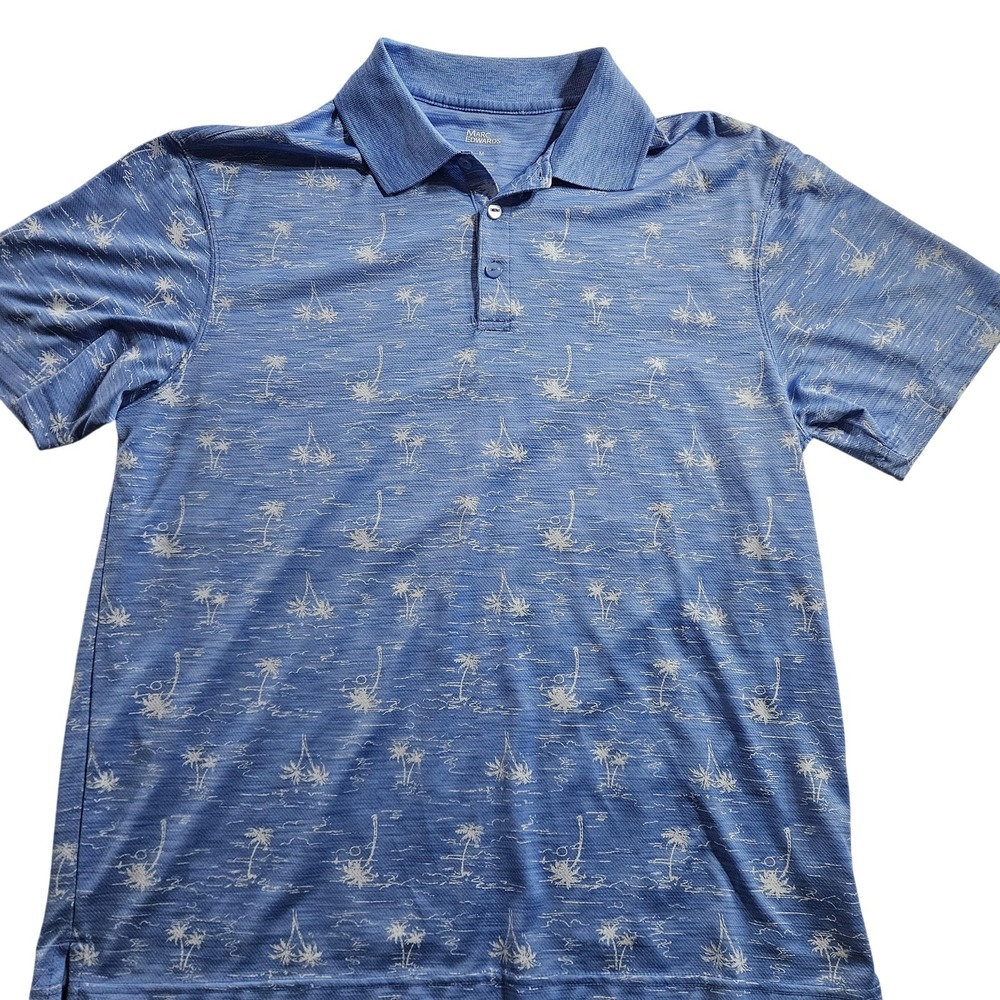Marc Edwards‎ Polo Shirt Mens Medium Blue Tropical Palm Tree Print Golf